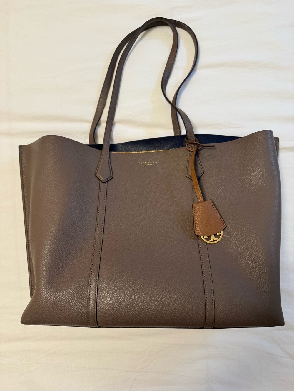 Tory Burch Taupe Pebbled Leather Tote with Tan Tag and Gold Logo